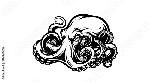 Intricate black and white illustration of an octopus creature with detailed tentacles.