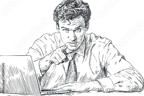 Hand-drawn vector illustration of a businessman pointing towards the viewer while sitting at a laptop, ideal for corporate and motivational themes