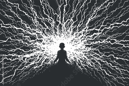 Abstract vector illustration of a meditative silhouette surrounded by dynamic lightning energy for wellness and design projects