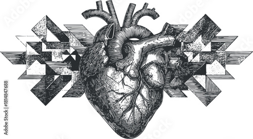 Intricate black and white vector illustration of a human heart with geometric elements for artistic and medical design projects