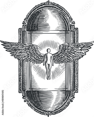 Ornate vector illustration featuring a human figure with wings, surrounded by a decorative frame and radiant light, ideal for spiritual and mystical themes.