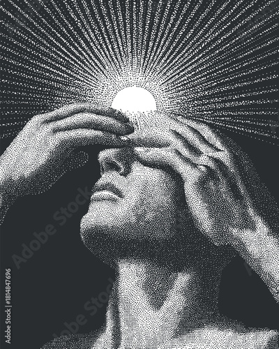 Abstract black and white vector illustration of a person shielding their eyes from radiant light, symbolizing enlightenment and inner peace