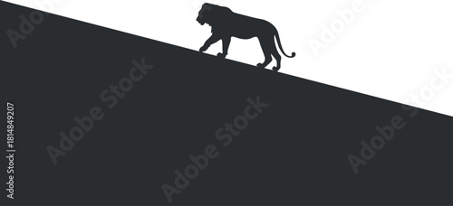 Minimalist black and white vector illustration of a lion silhouette walking on a slope, ideal for wildlife themes and design projects