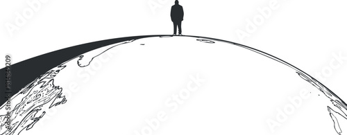 Minimalist black and white vector illustration of a silhouette standing on a globe, representing exploration and existence.