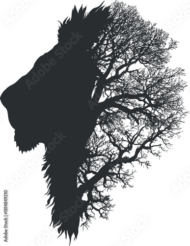 Abstract silhouette vector illustration of a lion's head integrated with tree branches and foliage for nature-themed design projects