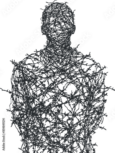 Abstract black and white vector illustration of a tangled figure silhouette symbolizing complexity and interconnectedness in human identity