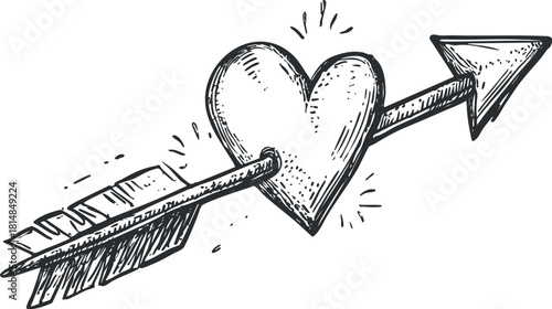 Hand-drawn vector illustration of a love heart pierced by an arrow, ideal for romantic designs and decorations