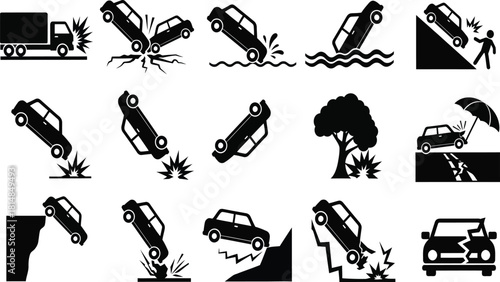 Car accident icon set with various crash scenarios