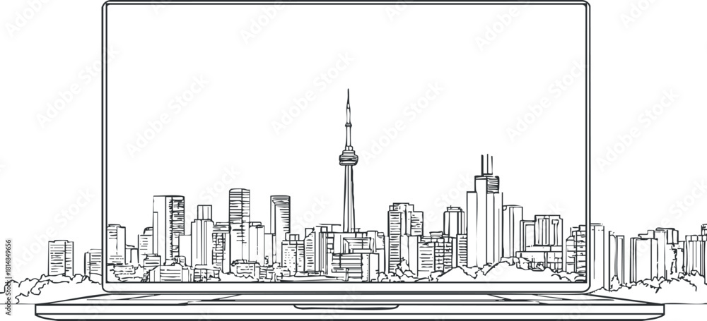 Fototapeta premium Outline vector illustration of a laptop with Toronto city skyline featuring iconic buildings, ideal for tech and design projects