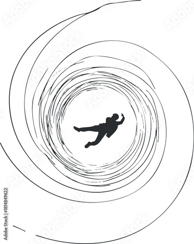 Abstract vector illustration of a person falling in a spiral vortex, symbolizing motion and energy for dynamic design projects.