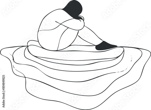 Minimalist line art illustration of a person sitting in contemplation on abstract shapes, ideal for wellness and mental health concepts