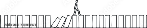 Minimalist line art illustration of a stick figure walking on top of dominoes, representing balance and risk in decision-making.