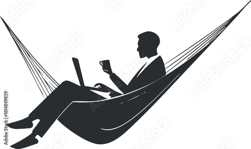 Silhouette vector illustration of a businessman relaxing in a hammock while using a laptop and enjoying coffee
