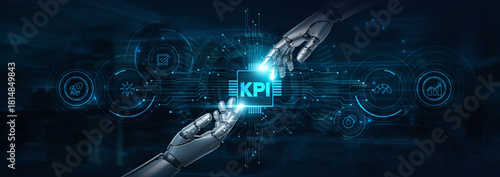 Canvas Print Hold on, robot hands monitor KPI and futuristic interface, tracking performance metrics