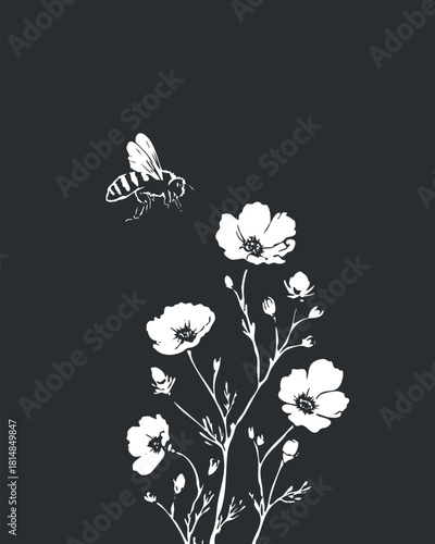 Minimalist black and white vector illustration of a bee hovering over delicate flowers, perfect for eco-themed designs and nature projects