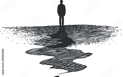Minimalist black and white vector illustration of a solitary figure standing on an abstract landscape, symbolizing introspection and isolation