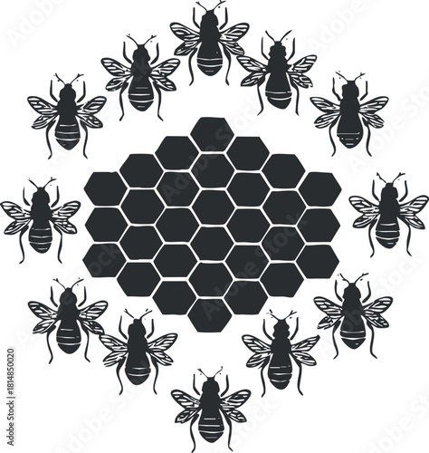 Stylized black vector illustration of bees surrounding a honeycomb pattern, ideal for nature-themed designs and eco-friendly projects