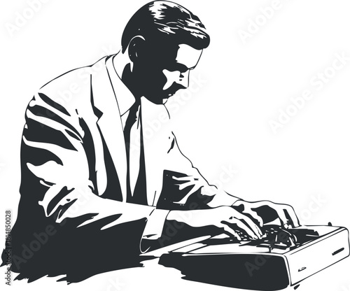 Stylized black and white vector illustration of a man using a typewriter, ideal for vintage-themed design projects.
