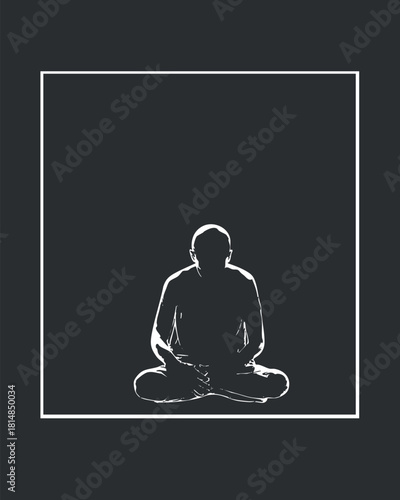 Minimalist black and white vector illustration of a person meditating, ideal for wellness and mindfulness projects