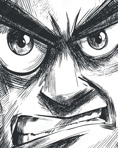 Dramatic black and white vector illustration of an angry face with intense expression, ideal for graphic novels or comic art