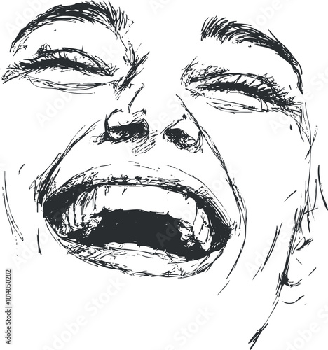 Expressive line art illustration of a joyful face, capturing the essence of laughter and happiness for creative projects.