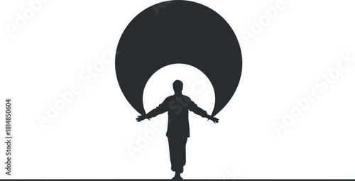 Abstract silhouette vector illustration of a man with outstretched arms and a large circle, symbolizing freedom and inspiration