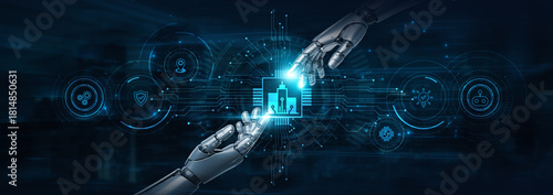 Hold on, robot hands power Smart City and futuristic interface, integrating urban systems. Connected solutions. Data-driven planning improves mobility, sustainability, and citizen services.