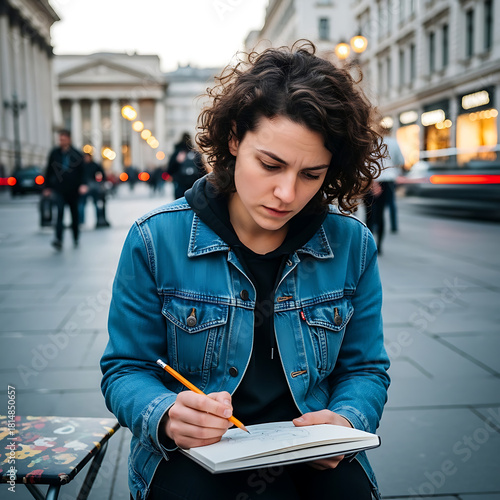 Candid street portrait young artist sketching city square