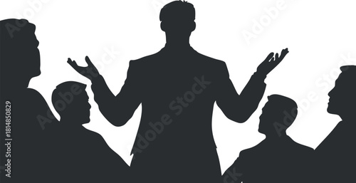 Silhouette vector illustration of a group of professionals in a meeting, emphasizing leadership and collaboration concepts