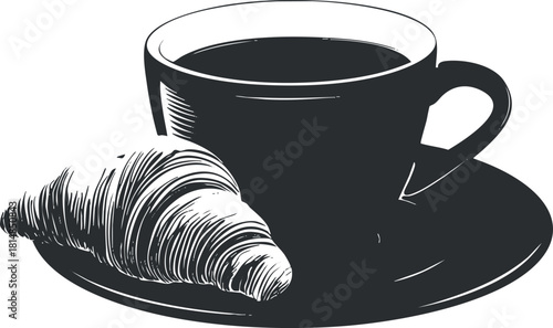 Minimalist black and white vector illustration of a coffee cup and croissant on a plate, perfect for cafe branding and food menus