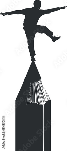 Silhouette vector illustration of a person balancing on the edge of a peak, symbolizing achievement and confidence in overcoming challenges.