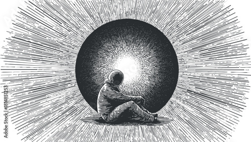 Abstract black and white vector illustration of an astronaut sitting in contemplation against a radiant cosmic background