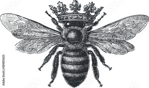 Ornate vintage vector illustration of a bee with a crown, ideal for decorative art and branding projects