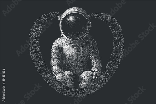 Retro dotwork illustration of an astronaut seated inside a heart shape for space-themed design projects