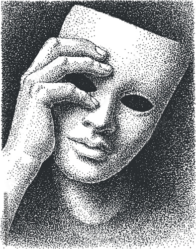 Stylized monochrome vector illustration of a human figure holding a mask, symbolizing identity and emotion in art and design.
