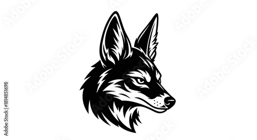 Monochrome Illustration of a Focused Fox Head with Intricate Details.