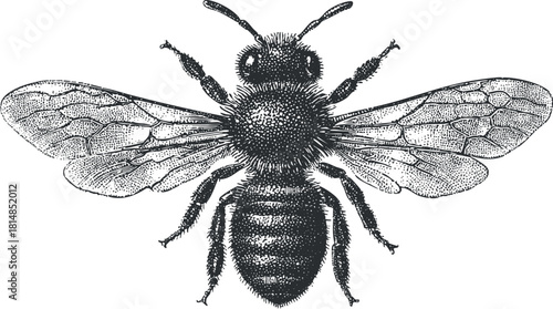 Detailed black and white vector illustration of a bee, showcasing intricate features for educational and design purposes