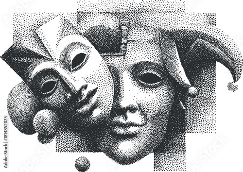 Abstract black and white vector illustration featuring dramatic masks symbolizing theater and performance art, ideal for creative projects.