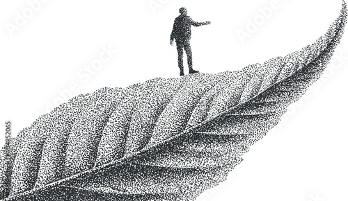 Abstract black and white vector illustration of a silhouette man standing on a large leaf, symbolizing growth and nature.