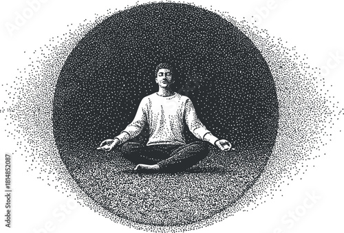 Stylish dotted vector illustration of a person meditating in a serene environment, perfect for wellness and mindfulness concepts