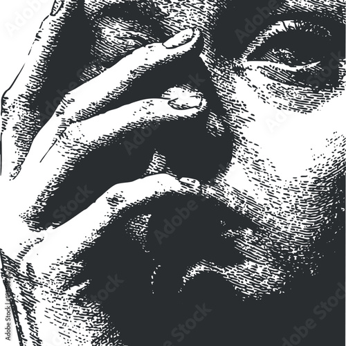 Expressive black and white illustration depicting a human face with a hand covering part of the face, conveying deep emotion and contemplation.