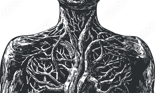 Intricate hand-drawn vector illustration of the human vascular system, showcasing veins and arteries for educational and medical purposes
