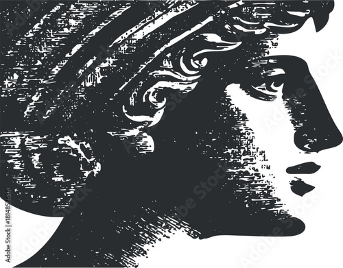 Vintage black and white vector illustration of a classical female profile, ideal for art and design projects.