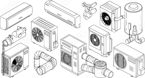 Air conditioning, condenser, ventilation, system, industrial, technology, equipment, engineering, outline, line art, monochrome, black-and-white, vector, illustration, drawing, graphic, design, constr