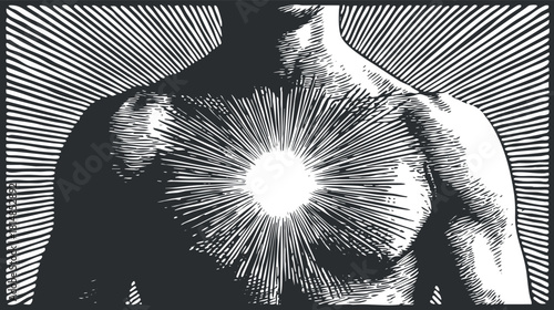 Stylized vector illustration of a human chest radiating light, symbolizing vitality and inner strength for wellness concepts