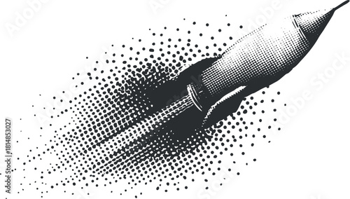 Dynamic black and white vector illustration of a rocket in motion, ideal for technology and space exploration themes.