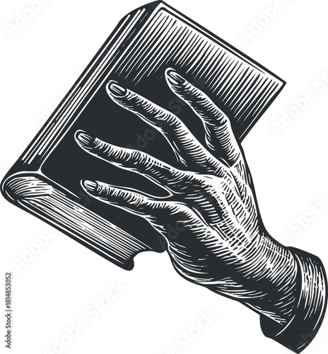 Vintage black and white vector illustration of a hand holding an open book, ideal for educational and literary themes