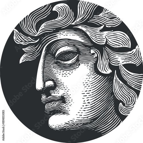 Stylized vector illustration of a classical sculpture's face in black and white for artistic and cultural design projects