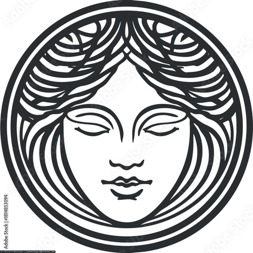 Stylized black and white vector illustration of a serene woman's face with flowing hair, ideal for decorative and artistic projects
