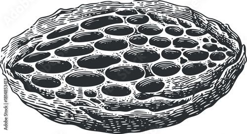 Hand-drawn black and white vector illustration of a honeycomb, suitable for organic food branding and design projects